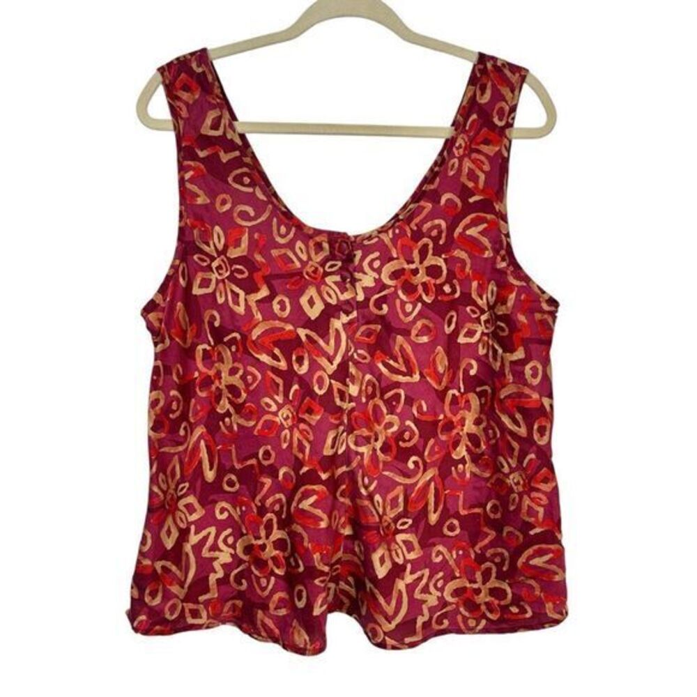 Cacique Vintage silk Blouse Red Tan Geometric Floral Camisole Tank Top 14 16 L